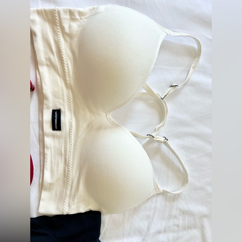 Lucky Brand Wire Free Rib Bra Set of 3- Red, Black, Cream - Picture 3 of 5